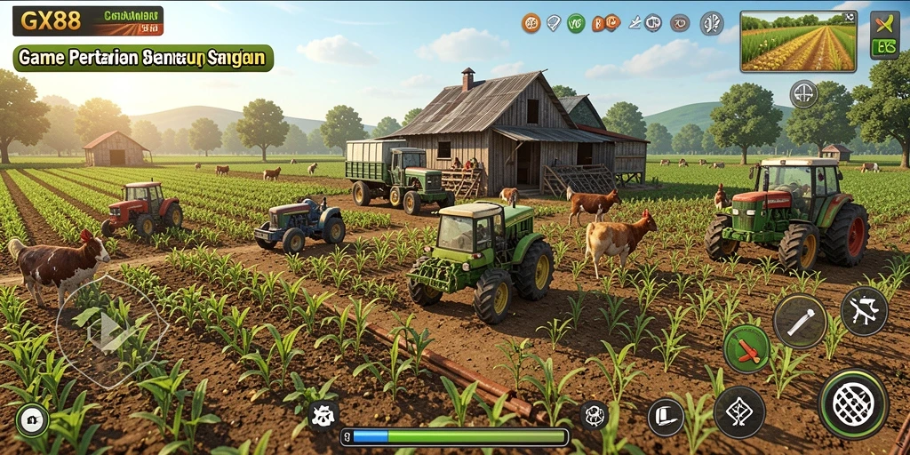 Tampilan screenshot gameplay GX88 dengan aktivitas bertani yang seru.