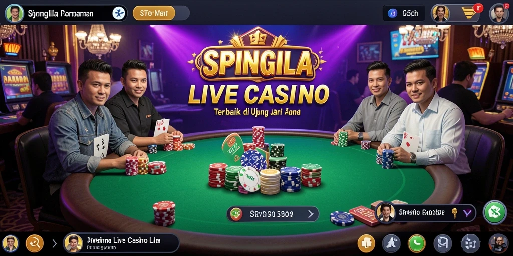 Screenshot gameplay SPINGILA menampilkan dealer langsung dan suasana kasino yang menarik.