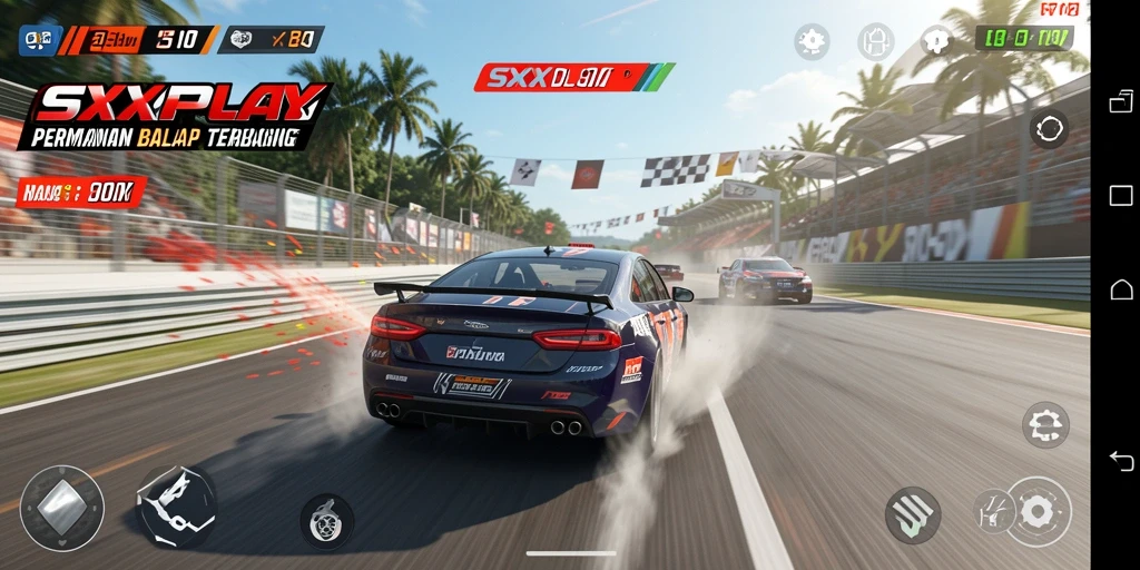 Screenshot utama SXXPLAY menunjukkan aksi balap yang mendebarkan.