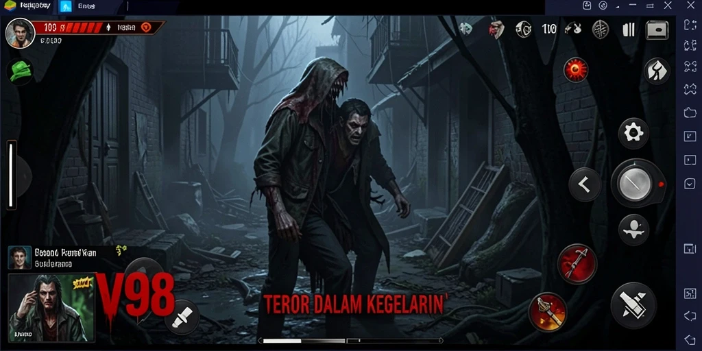 Tampilkan gameplay V98 dengan suasana menyeramkan dan ketegangan.